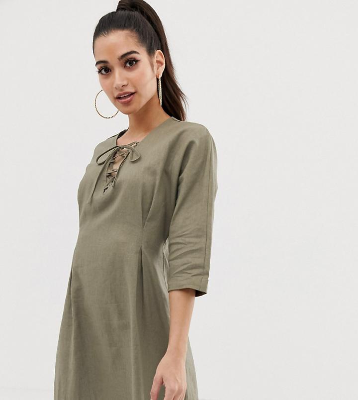 Asos Design Petite Lace Up Mini Dress In Linen-green