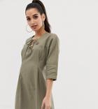 Asos Design Petite Lace Up Mini Dress In Linen-green