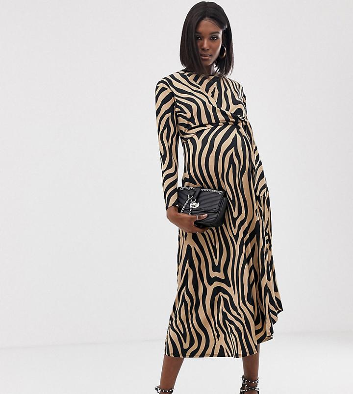 Asos Design Maternity Tie Waist Maxi Dress In Animal Print-multi