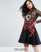 A Star Is Born Rose Embroided Mini Skater Dress - Black