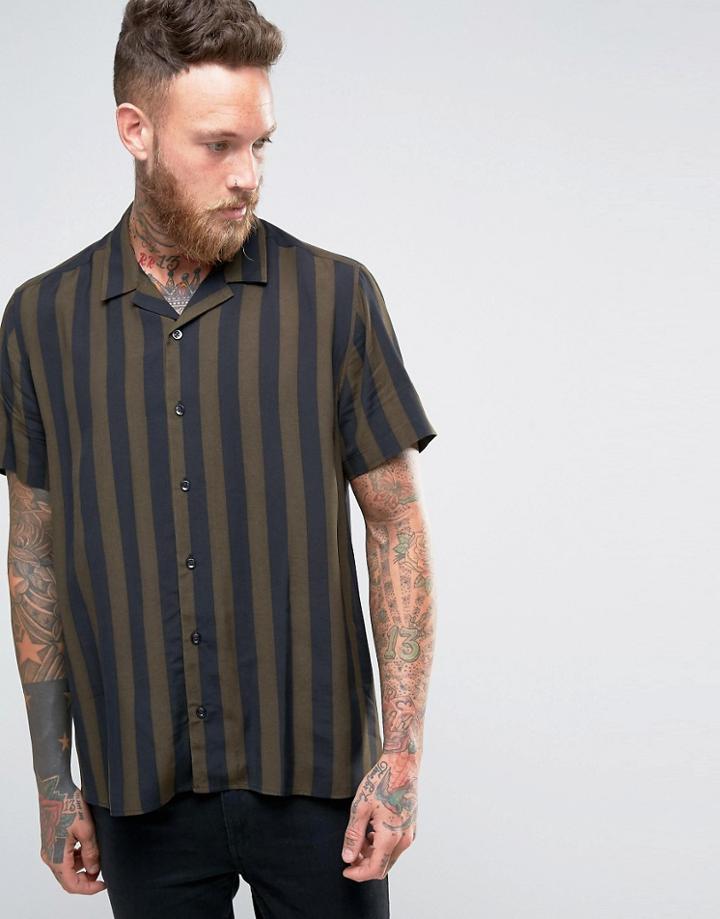 Asos Viscose Shirt In Khaki And Black Stripe With Revere Collar In Regular Fit - Green