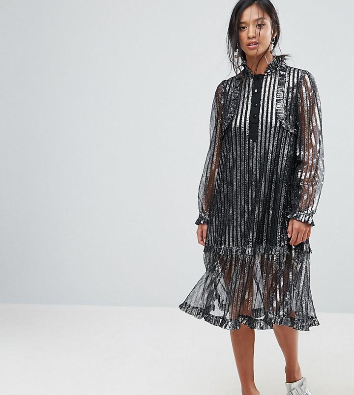 Sister Jane Petite Metallic Stripe Midi Dress - Silver