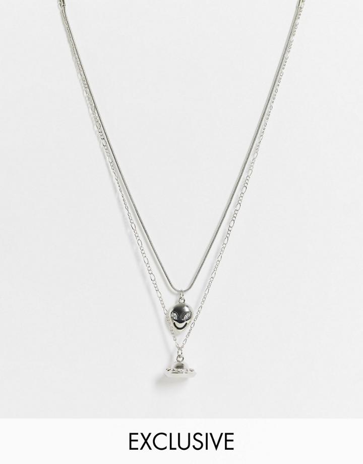 Reclaimed Vintage Inspired Unisex Multirow Necklace With Ufo And Alien Pendants In Silver