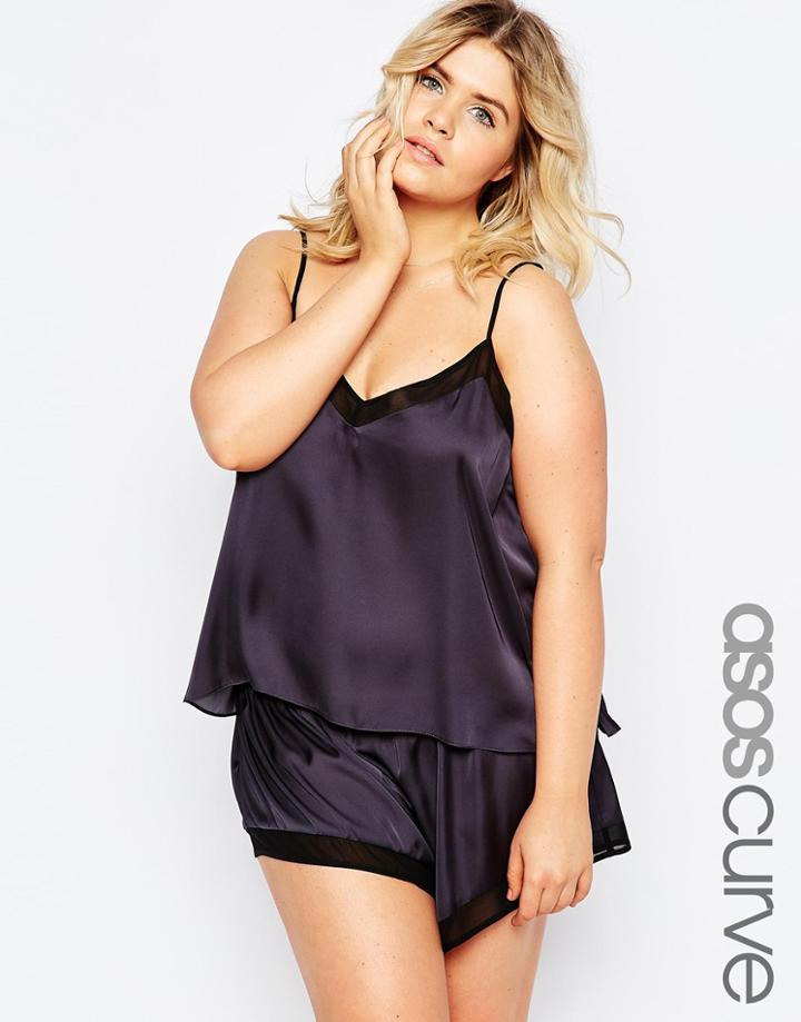 Asos Curve Chiffon Trim Satin Cami And Short Set - Gray
