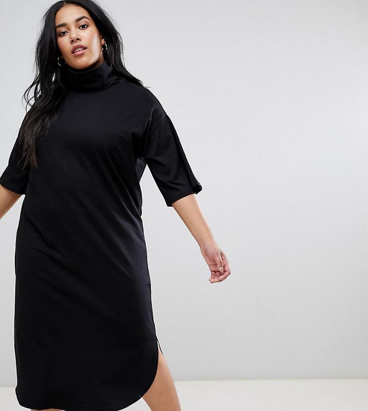 Asos Design Curve High Neck Midi Swing Dress With Trumpet Sleeves - Black