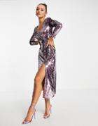 French Connection Fiki Midi Wrap Dress In All Over Pink Sequin