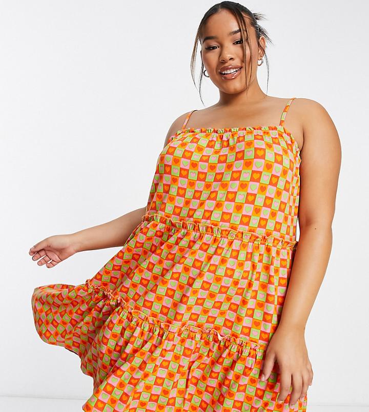 Urban Threads Plus Tiered Swing Dress In Multi Heart Print