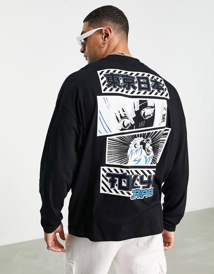 Asos Design Oversized Long Sleeve T-shirt In Black Organic Cotton With Anime Back Print