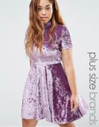 Club L Plus Crushed Velvet High Neck Skater Dress - Purple