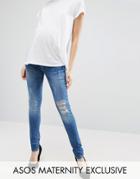 Asos Maternity Skinny Dream Jean In Distressed Finish With Under The Bump Waistband - Blue
