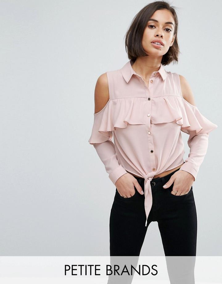 Miss Selfridge Petite Cold Shoulder Frill Dobby Shirt - Pink