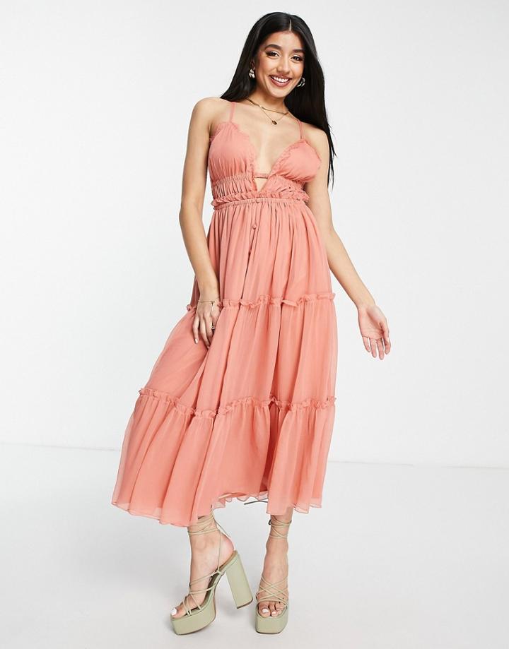 Asos Design Button Through Tiered Midi Dress With Lace Trim Detail In Rose-pink