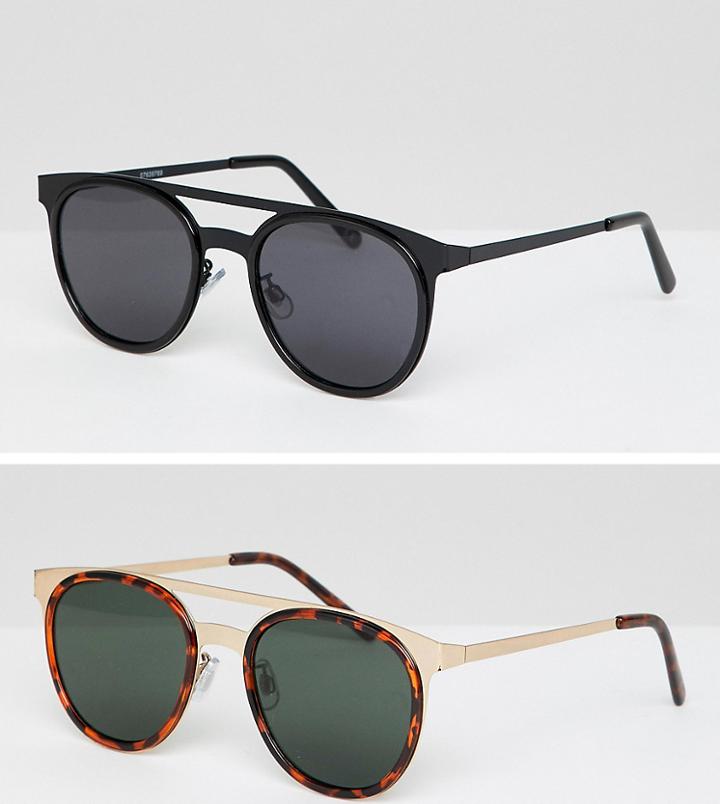 Asos Design 2 Pack Round Sunglasses With Brow Bar In Gold & Black - Gold