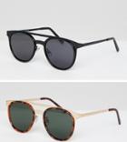 Asos Design 2 Pack Round Sunglasses With Brow Bar In Gold & Black - Gold