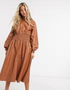 Asos Design Leather Look Midi Shirt Dress With Shirred Waist In Brown
