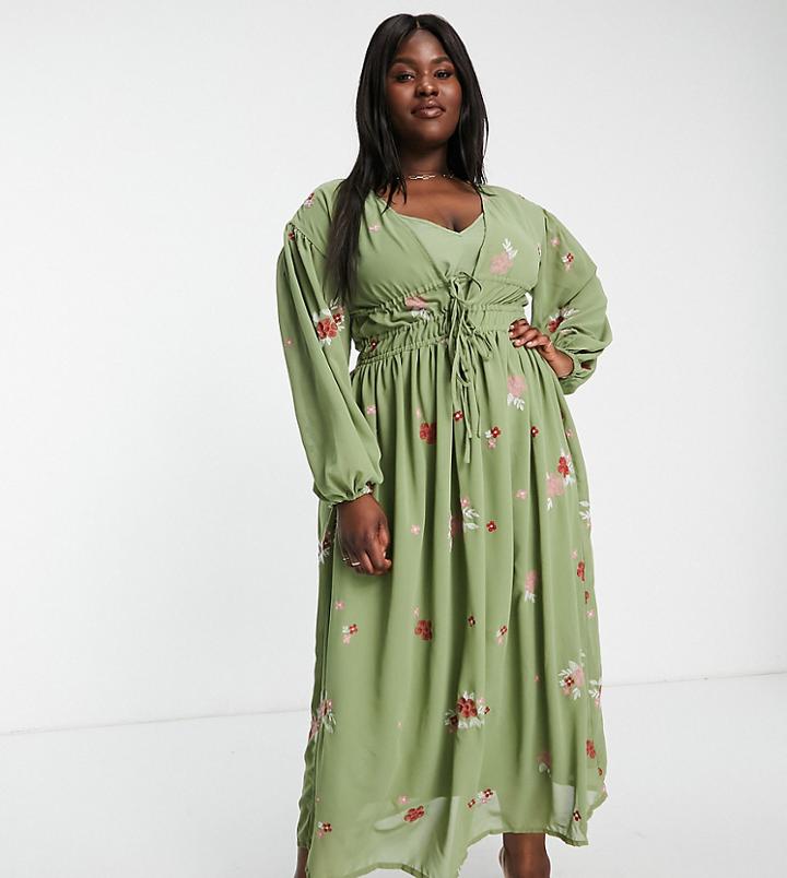 Asos Design Curve Soft All Over Embroidered Maxi Dress In Khaki-green