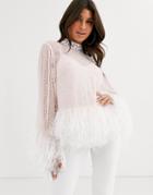 Asos Design Sheer Top With Pearl Embellishement And Feather Hem-pink