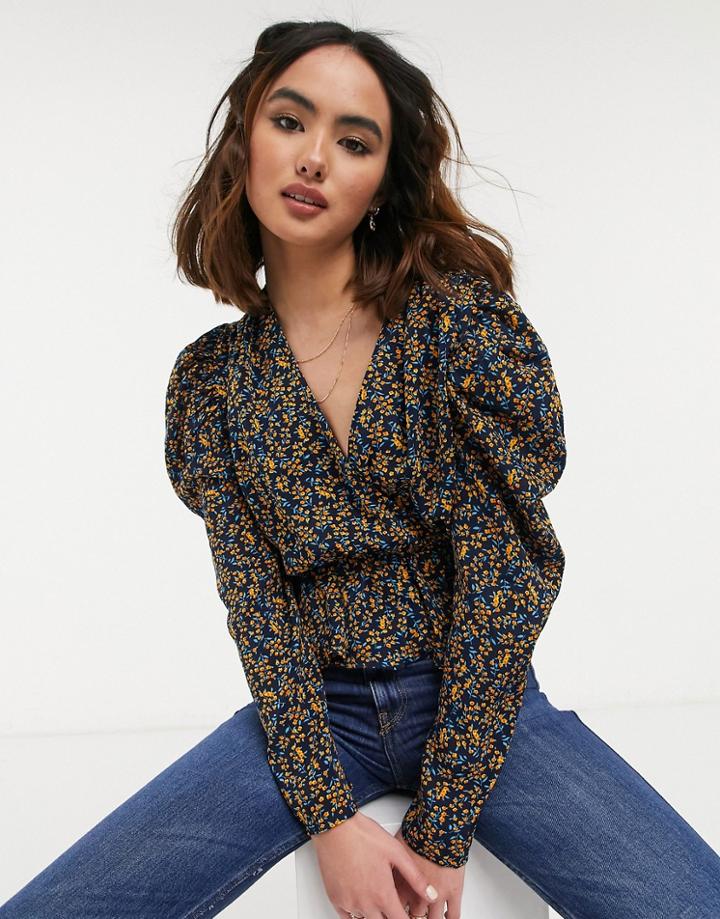 Urban Bliss Peplum Blouse In Micro-floral-blues