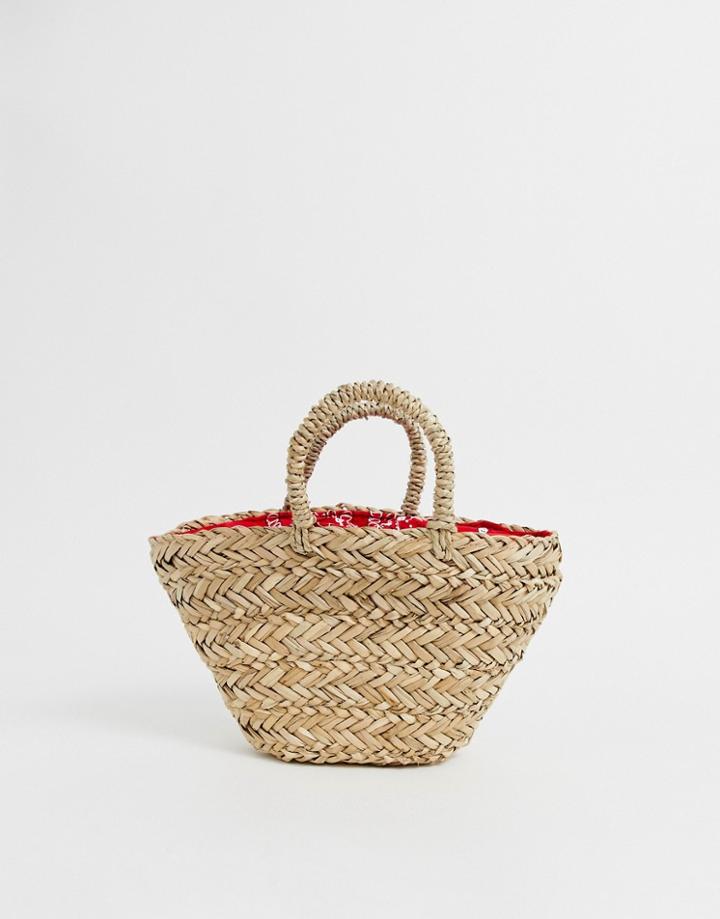 Asos Design Natural Straw Mini Basket Bag With Bandana Print Lining - Brown