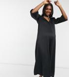 Asos Design Maternity V Neck Minimal Puff Sleeve Jumpsuit In Black Satin
