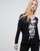 Religion Long Sleeve Wild Night V Neck T-shirt - Black