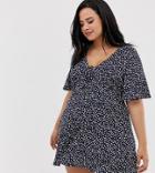 Influence Plus Tea Dress With Tie In Spoldge Print - Navy