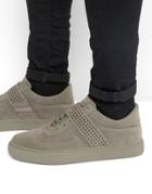 Asos Lace Up Sneakers In Gray Faux Suede With Perforated Strap - Gray