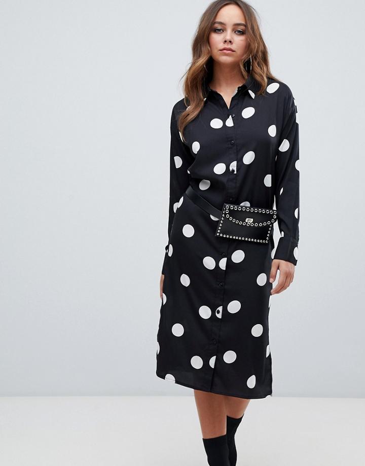Boohoo Long Sleeve Shirt Midi Dress In Polka Dot - Multi