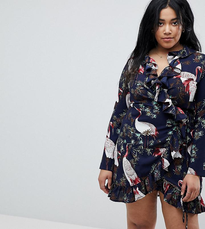 Boohoo Plus Ruffle Edge Wrap Over Dress - Navy
