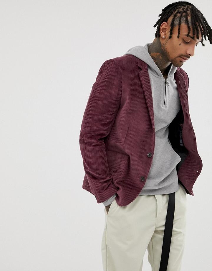 Asos Design Cord Relaxed Slim Blazer In Purple
