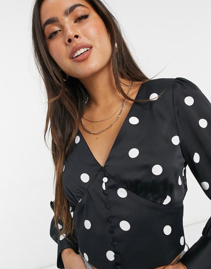 Y.a.s V Neck Blouse With Button Detail In Black And White Polka Dot-multi