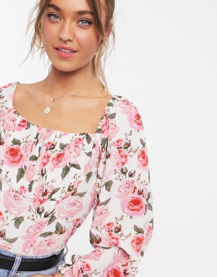 Asos Design Floral Top With Ruched Bust Detail In Multi