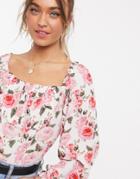 Asos Design Floral Top With Ruched Bust Detail In Multi