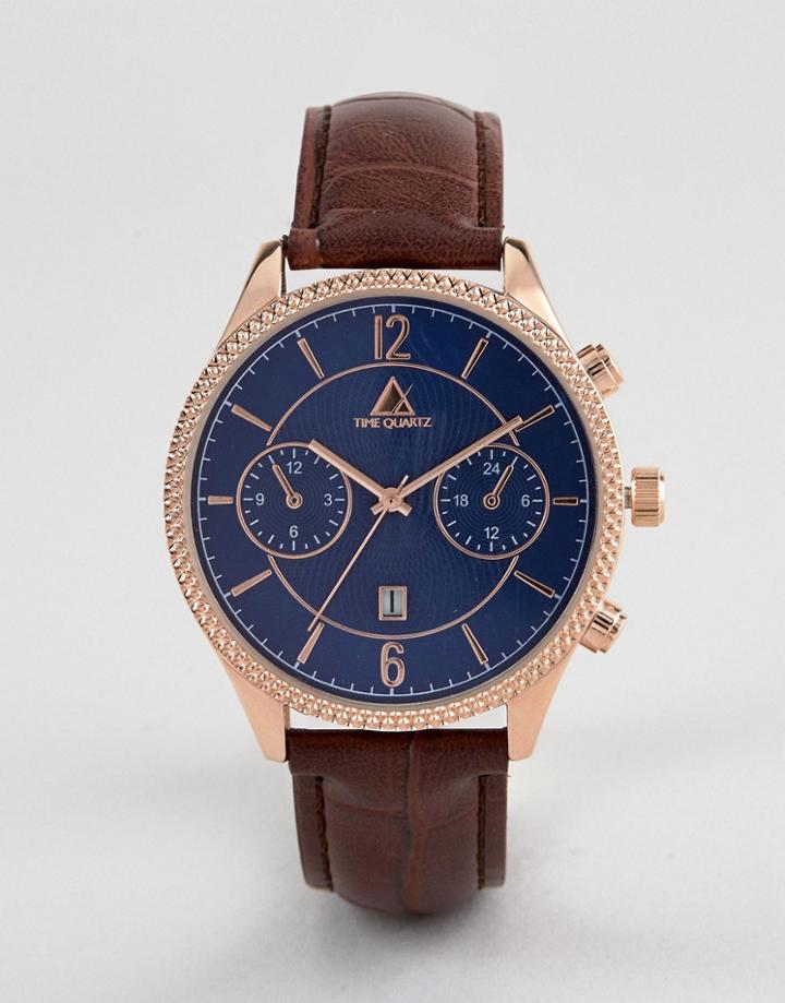 Asos Design Classic Watch In Brown And Rose Gold With Contrast Navy Dial - Brown