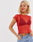 New Look Lettuce Edge Mesh Top In Red-white