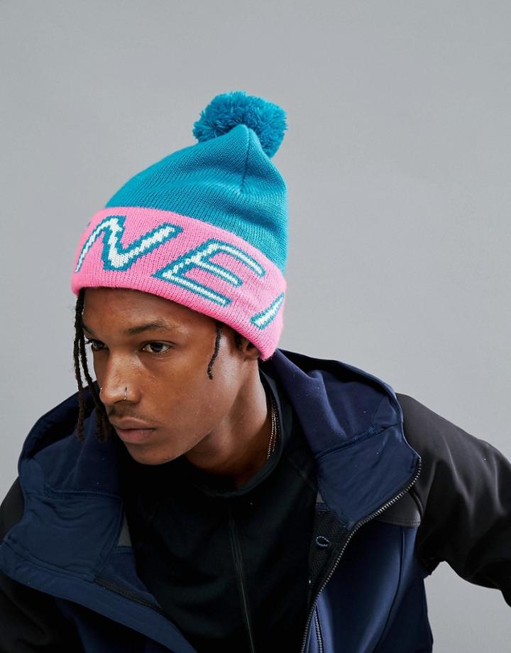 O'neill Reissue Bobble Beanie Large Logo In Blue - Blue