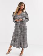 Asos Design Wrap Maxi Dress With Puff Sleeves In Check