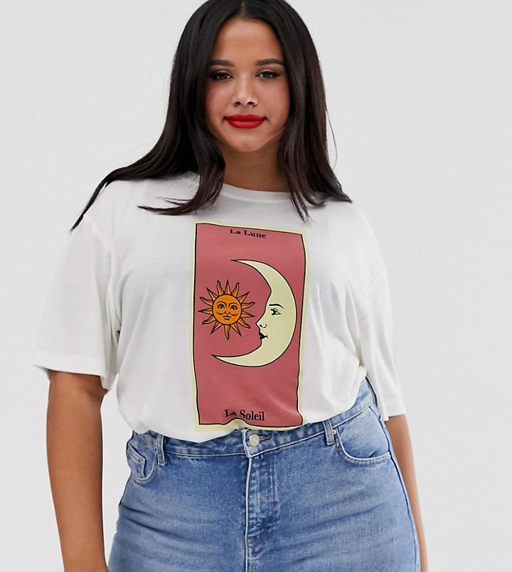 Neon Rose Plus Relaxed T-shirt With Moon Graphic - White