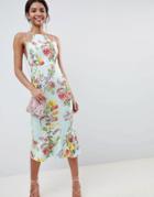 Asos Design Double Strap Cami Floral Midi Bodycon Pephem Dress-multi