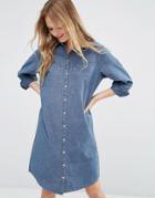 Asos Denim Shirt Dress In Textured Fabric - Blue