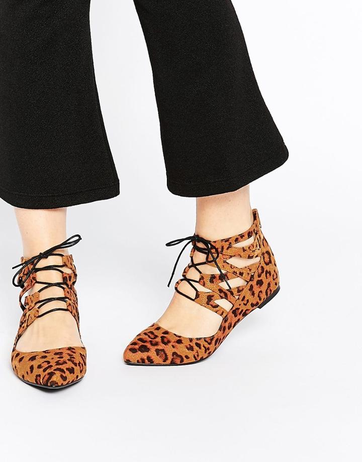 Asos Level Up Lace Up Ballet Flats - Leopard
