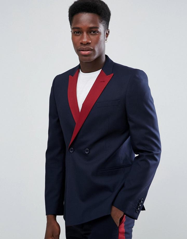Asos Skinny Double Breasted Suit Jacket In Navy With Wine Lapel - Navy