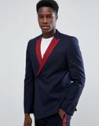 Asos Skinny Double Breasted Suit Jacket In Navy With Wine Lapel - Navy