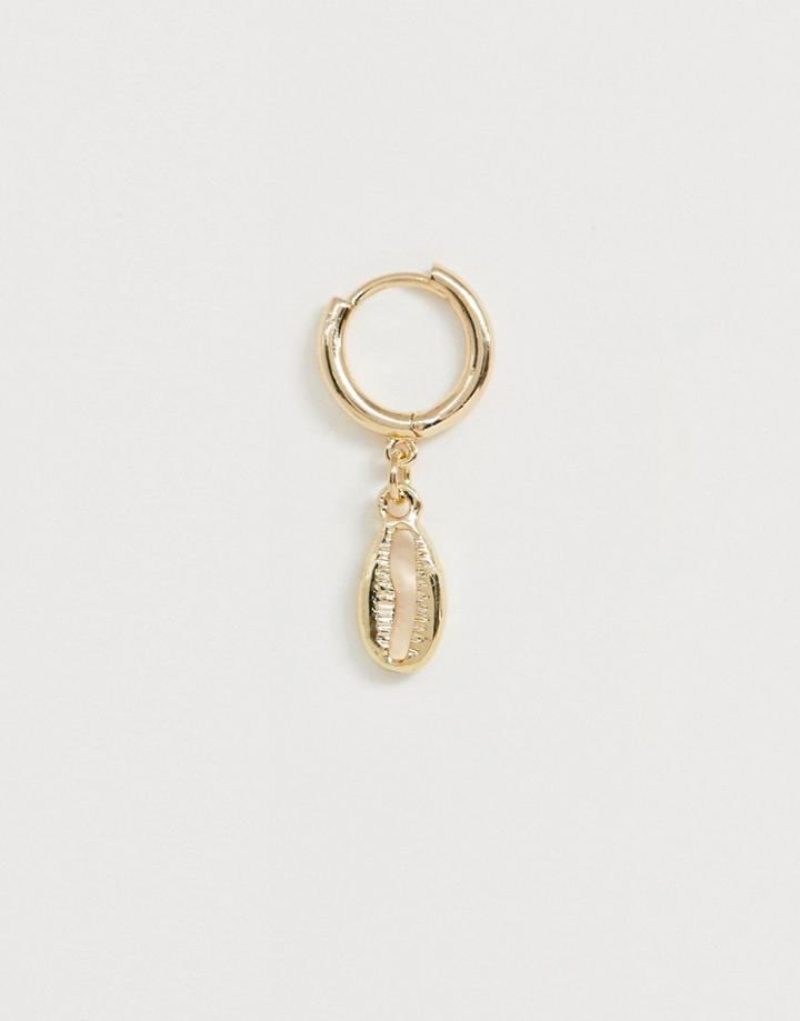 Asos Design Single Hoop Earring With Metal Shell Charm In Gold Tone - Gold