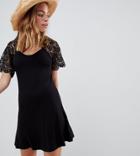 Asos Design Petite Corded Lace Fit And Flare Mini Dress-black