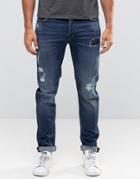 Only & Sons Mid Blue Jeans With Rip Repair Detail In Slim Fit - Blue