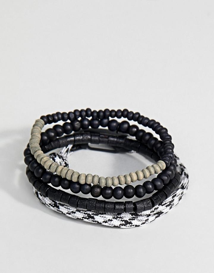 Icon Brand Black Cord & Beaded Bracelet In 4 Pack Exclusive To Asos - Black