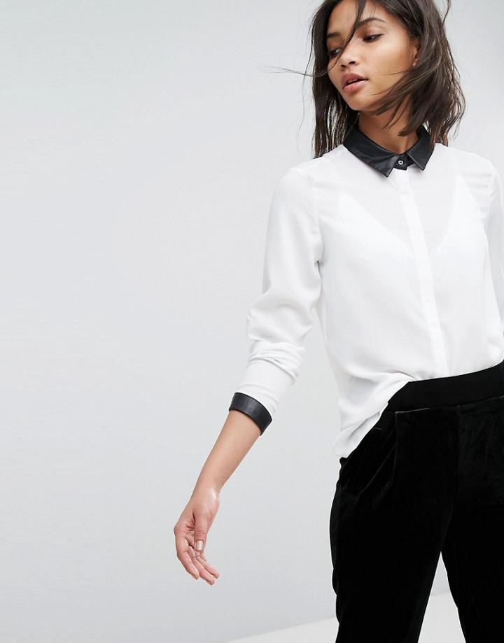 Stradivarius Leather Look Neck Shirt - White