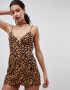 Motel Wrap Front Cami Dress In Leopard - Brown