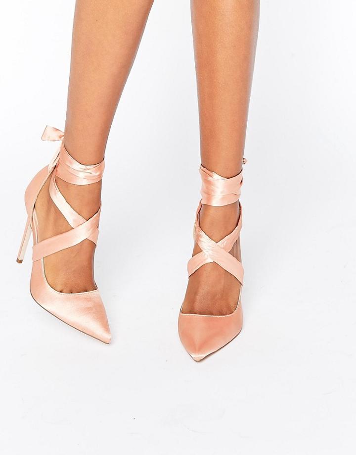 Asos Pino Satin Lace Up Pointed Heels - Beige